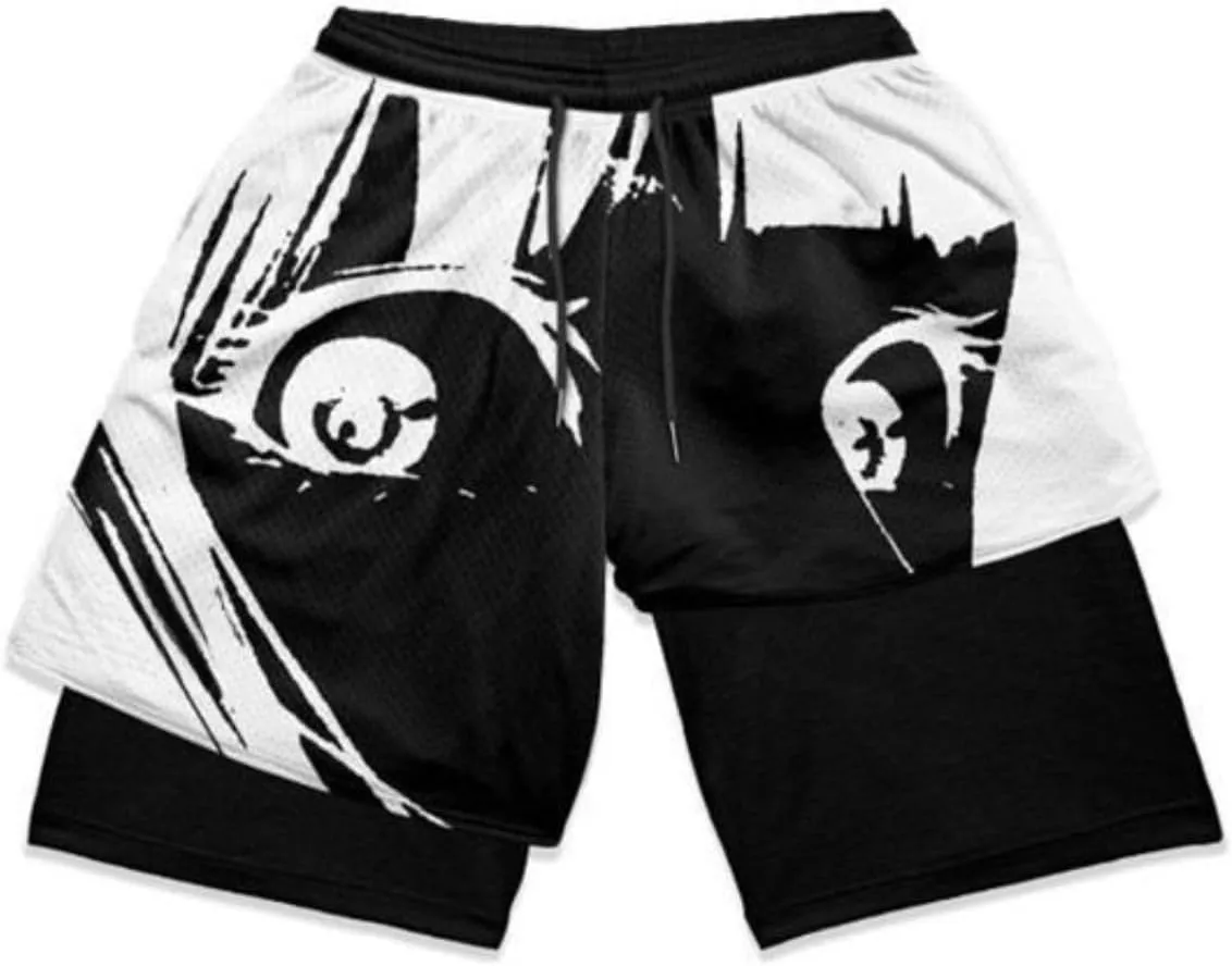2 in 1 Anime Shorts for Men Gym Running Shorts Quick Dry Athletic Shorts with Compression Liner Workout Shorts