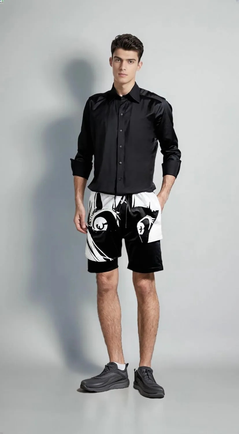 2 in 1 Anime Shorts for Men Gym Running Shorts Quick Dry Athletic Shorts with Compression Liner Workout Shorts