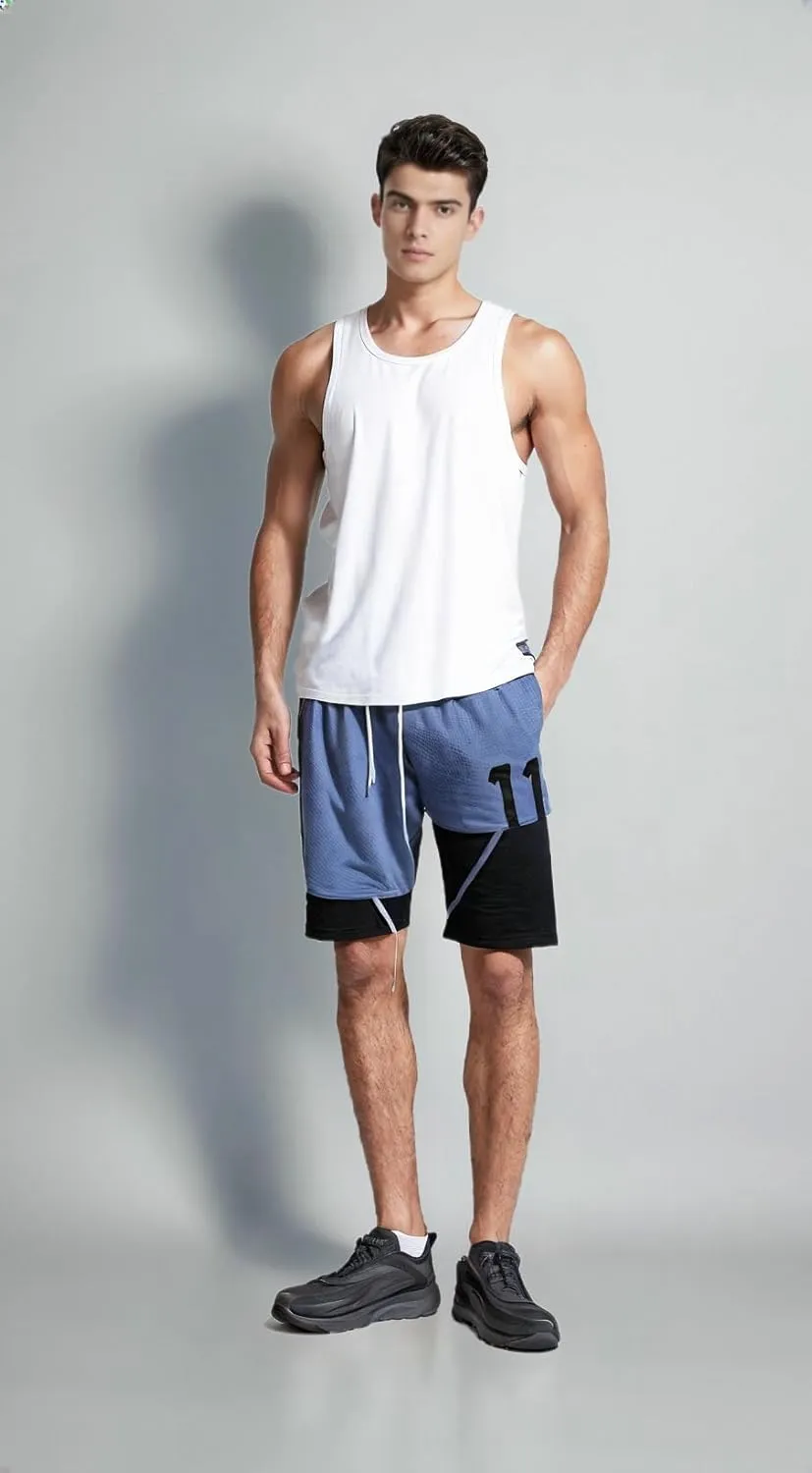 2 in 1 Anime Shorts for Men Gym Running Shorts Quick Dry Athletic Shorts with Compression Liner Workout Shorts