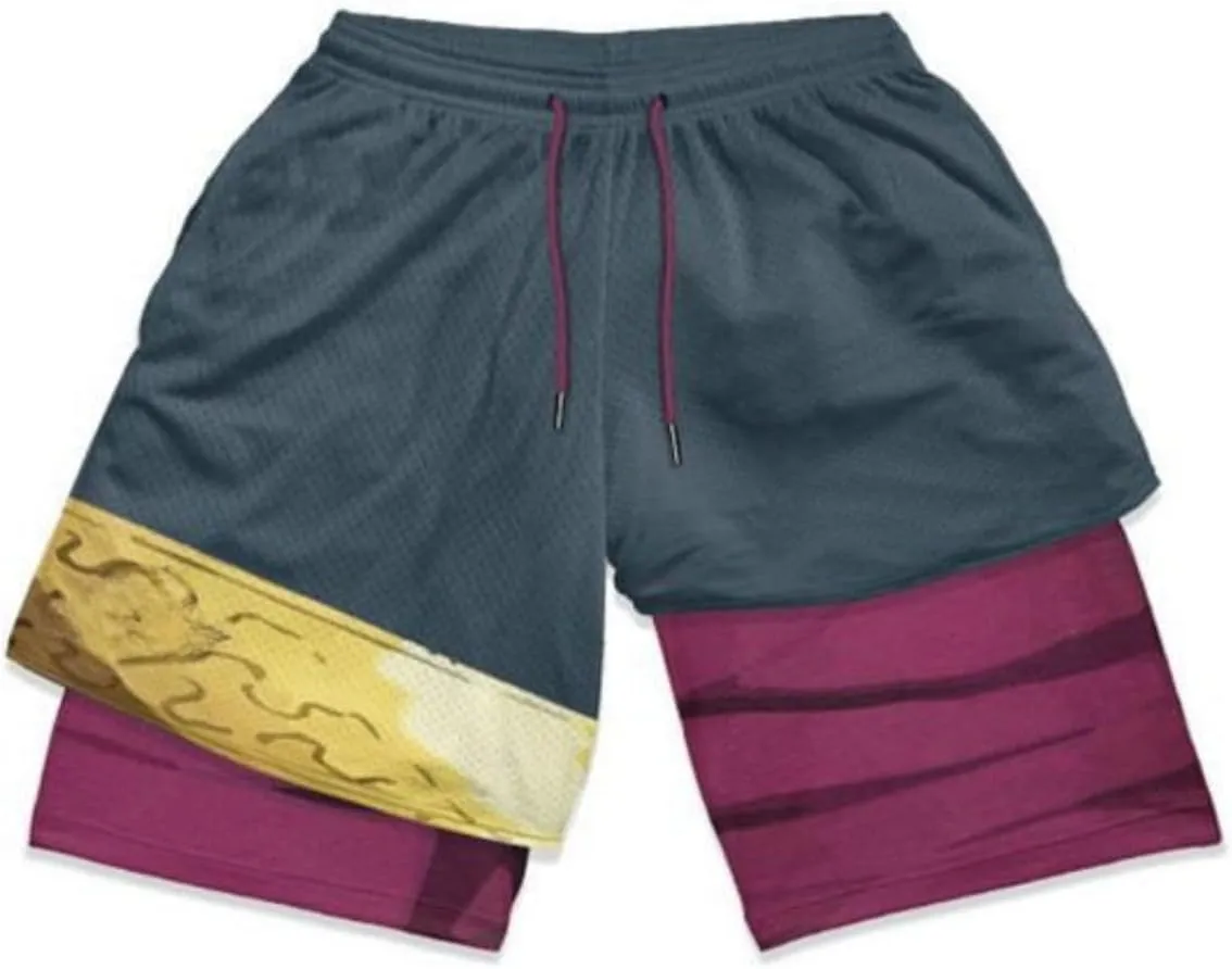 2 in 1 Anime Shorts for Men Gym Running Shorts Quick Dry Athletic Shorts with Compression Liner Workout Shorts