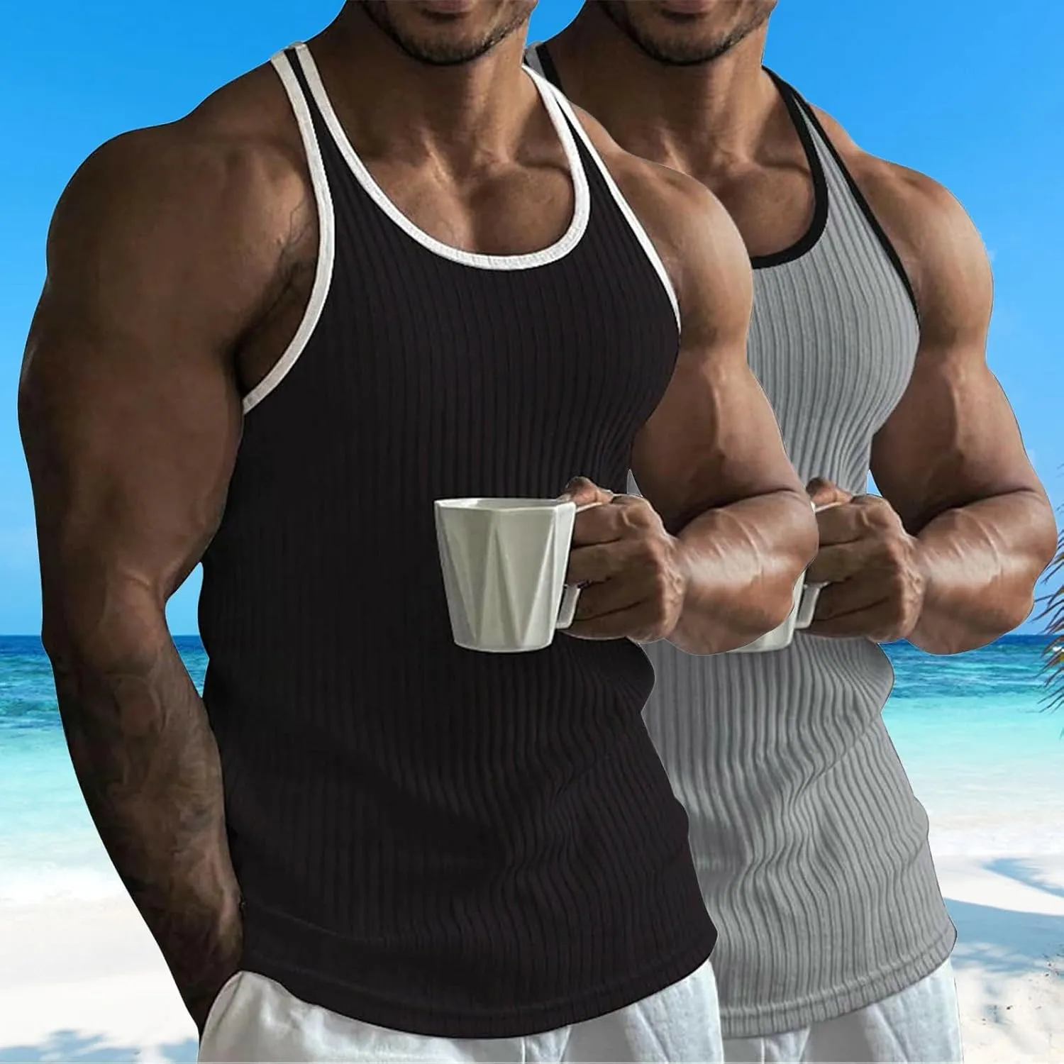 2 Pack Men's Muscle Cut Off Shirts Stretch Ribbed Knit Sleeveless Shirt Bodybuilding Gym Athletic Workout Tank Tops