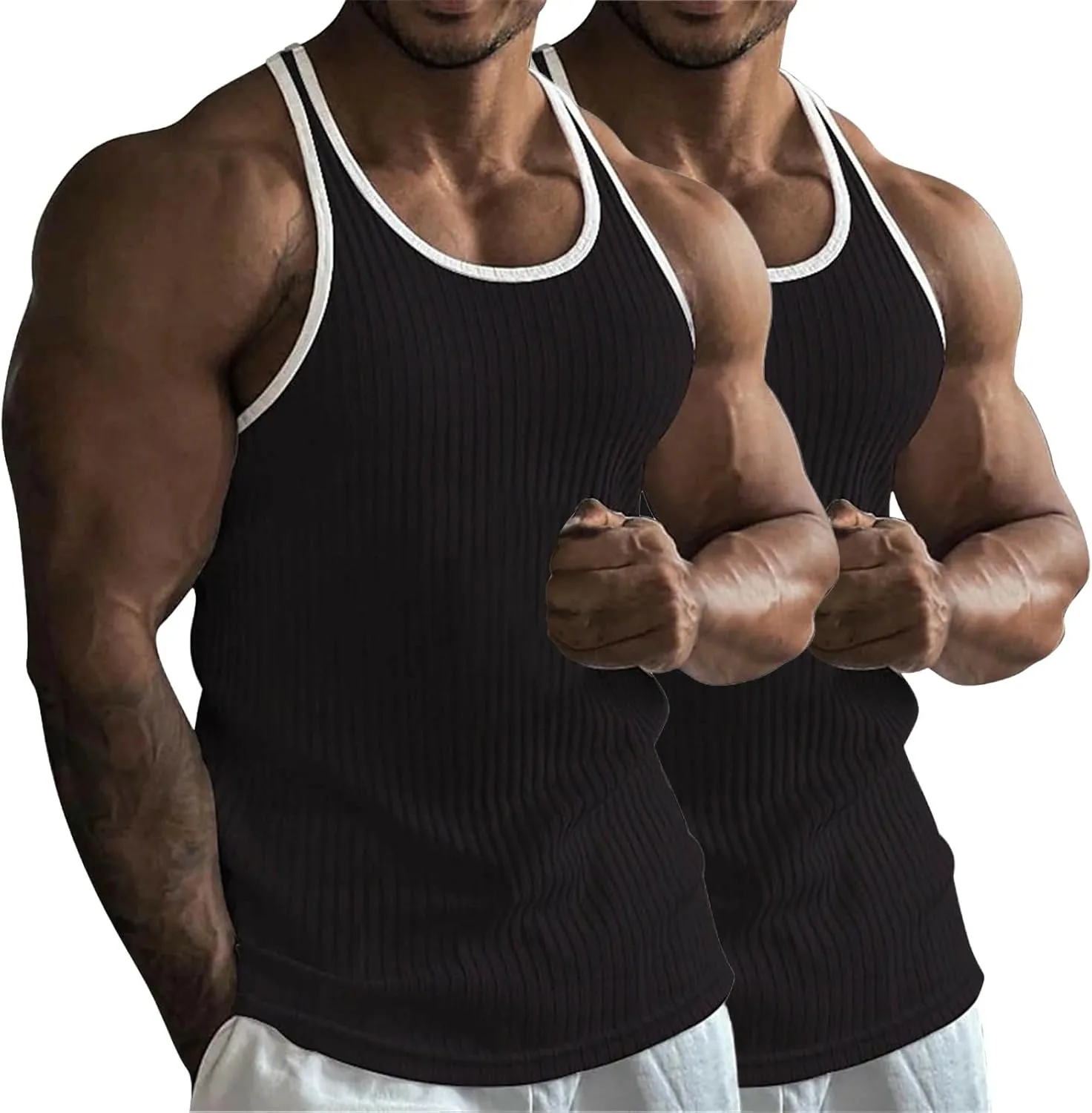 2 Pack Men's Muscle Cut Off Shirts Stretch Ribbed Knit Sleeveless Shirt Bodybuilding Gym Athletic Workout Tank Tops