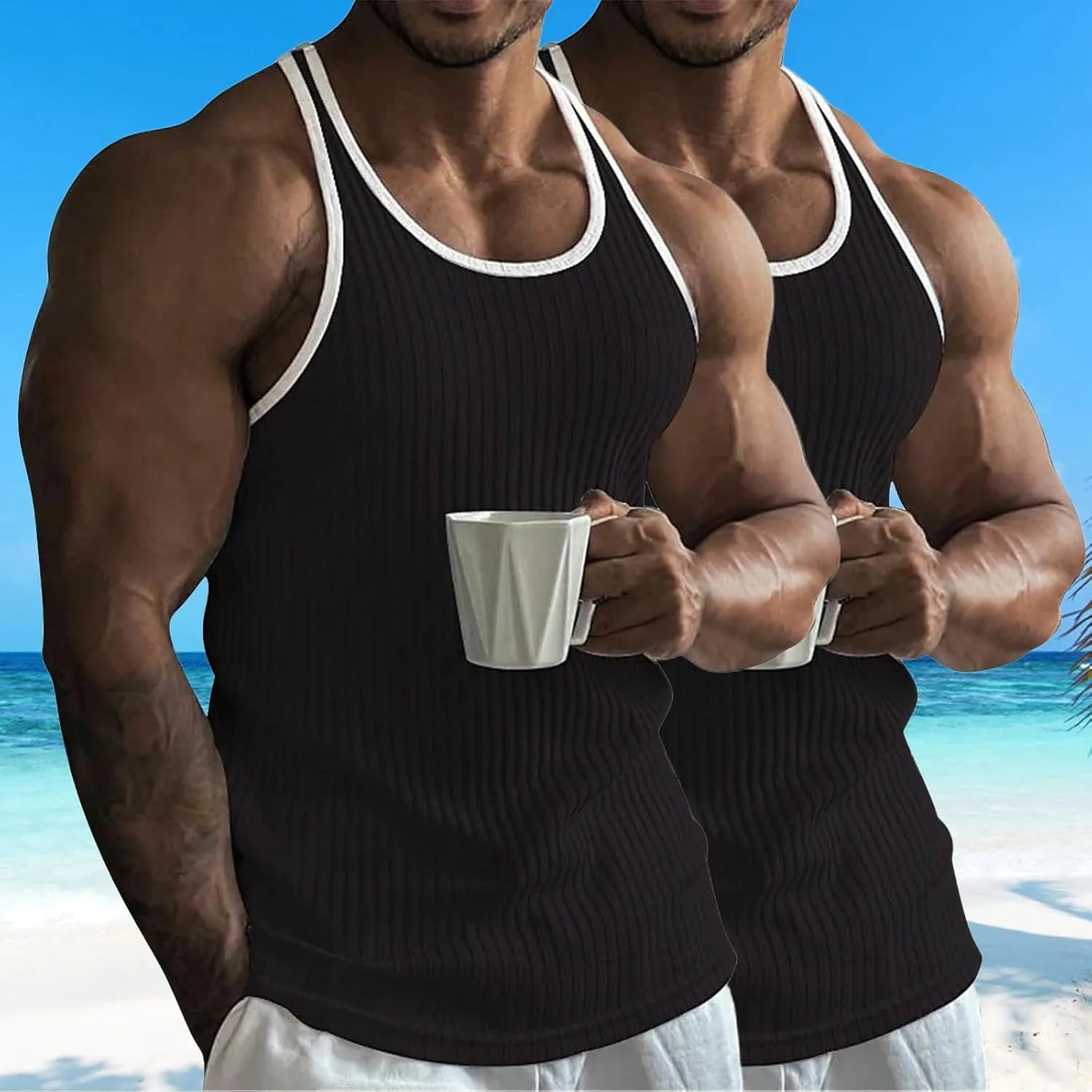 2 Pack Men's Muscle Cut Off Shirts Stretch Ribbed Knit Sleeveless Shirt Bodybuilding Gym Athletic Workout Tank Tops