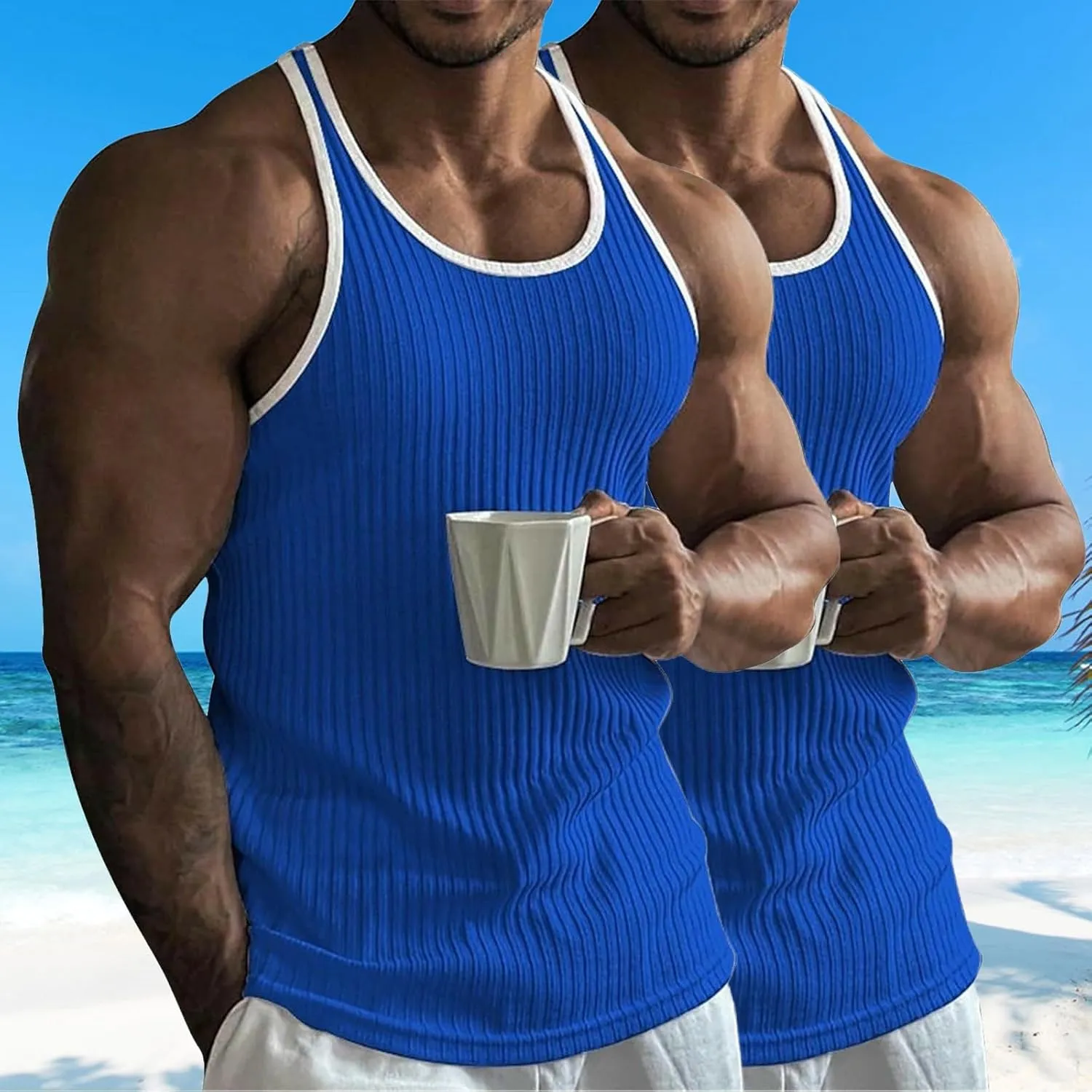 2 Pack Men's Muscle Cut Off Shirts Stretch Ribbed Knit Sleeveless Shirt Bodybuilding Gym Athletic Workout Tank Tops