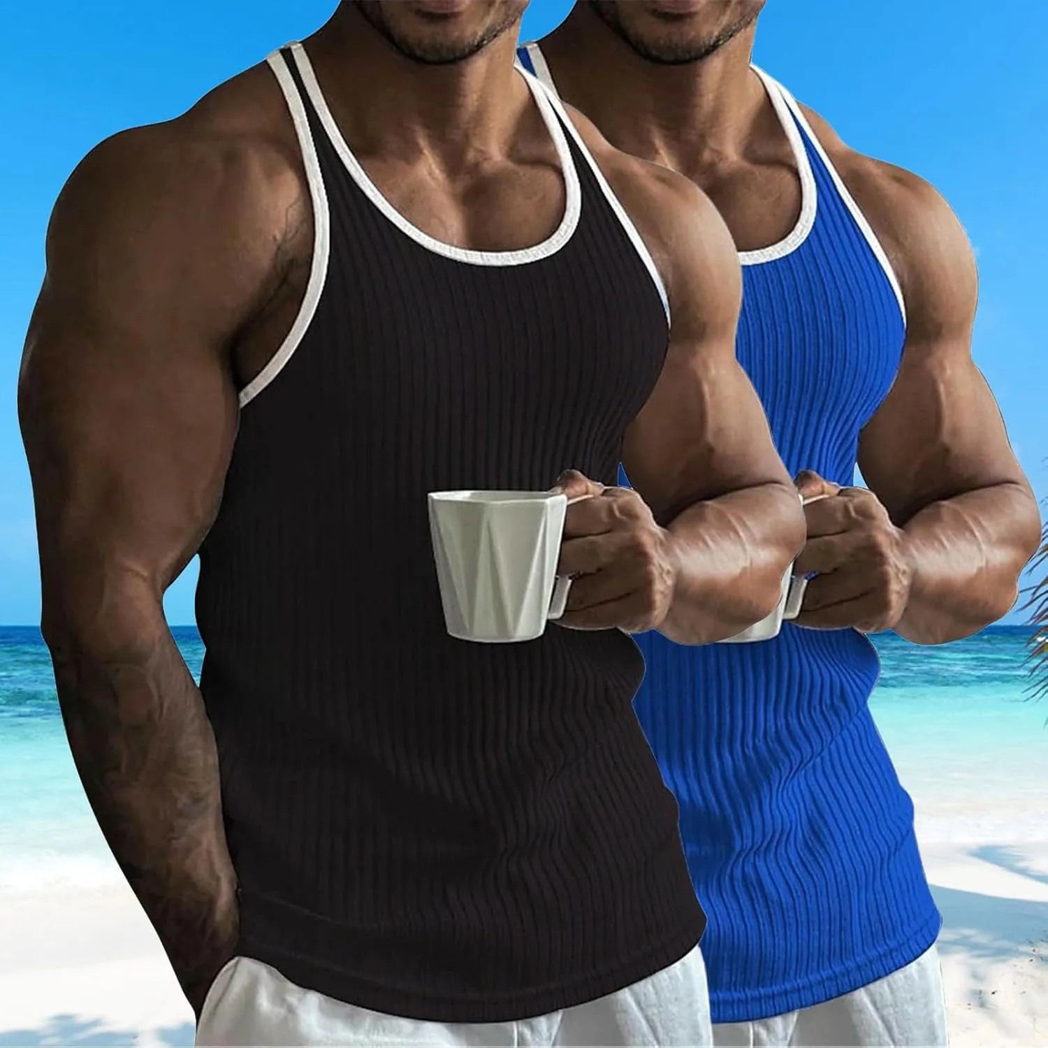 2 Pack Men's Muscle Cut Off Shirts Stretch Ribbed Knit Sleeveless Shirt Bodybuilding Gym Athletic Workout Tank Tops