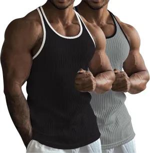 2 Pack Men's Muscle Cut Off Shirts Stretch Ribbed Knit Sleeveless Shirt Bodybuilding Gym Athletic Workout Tank Tops