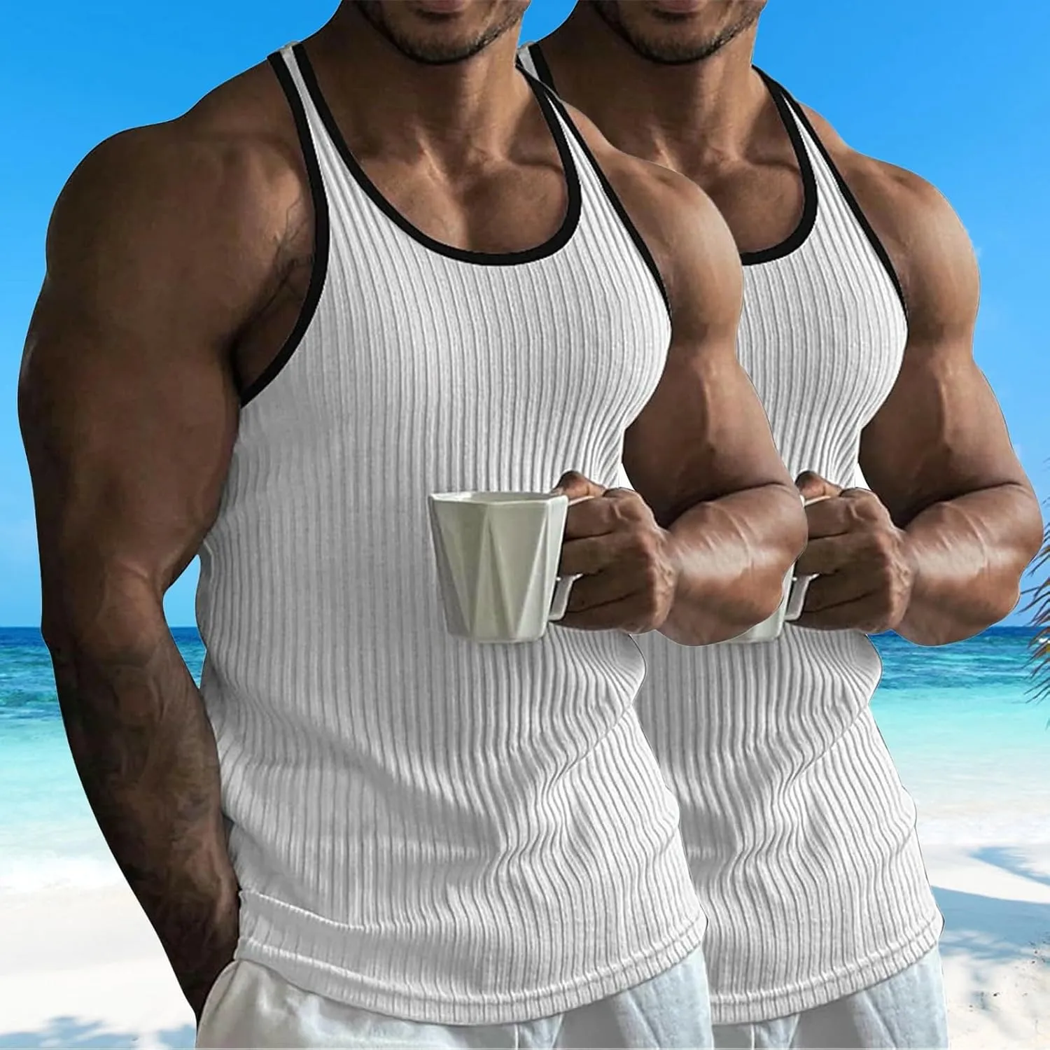 2 Pack Men's Muscle Cut Off Shirts Stretch Ribbed Knit Sleeveless Shirt Bodybuilding Gym Athletic Workout Tank Tops