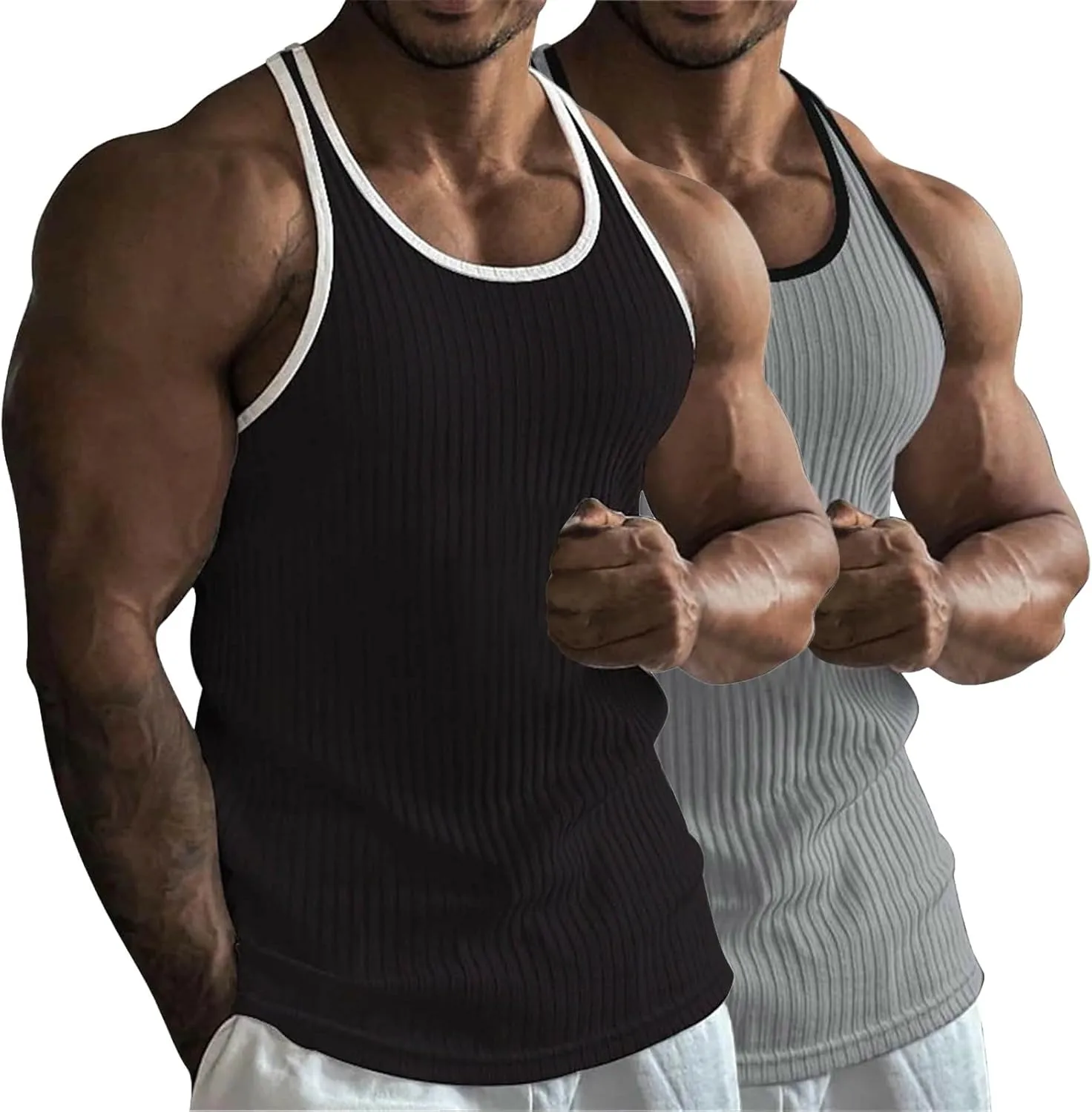 2 Pack Men's Muscle Cut Off Shirts Stretch Ribbed Knit Sleeveless Shirt Bodybuilding Gym Athletic Workout Tank Tops