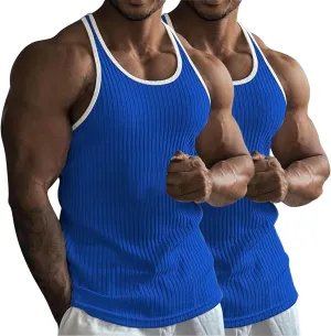 2 Pack Men's Muscle Cut Off Shirts Stretch Ribbed Knit Sleeveless Shirt Bodybuilding Gym Athletic Workout Tank Tops