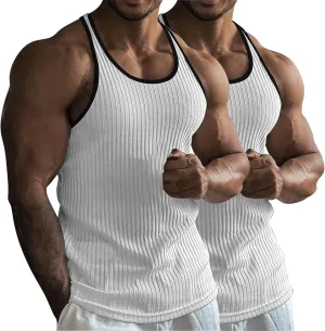 2 Pack Men's Muscle Cut Off Shirts Stretch Ribbed Knit Sleeveless Shirt Bodybuilding Gym Athletic Workout Tank Tops