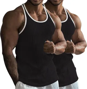 2 Pack Men's Muscle Cut Off Shirts Stretch Ribbed Knit Sleeveless Shirt Bodybuilding Gym Athletic Workout Tank Tops