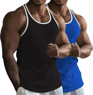 2 Pack Men's Muscle Cut Off Shirts Stretch Ribbed Knit Sleeveless Shirt Bodybuilding Gym Athletic Workout Tank Tops
