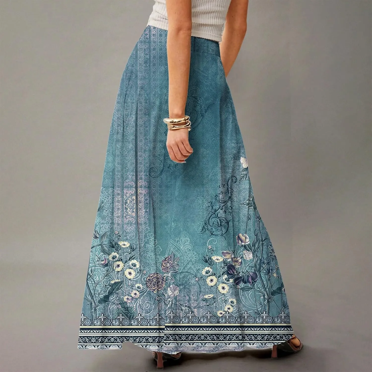 2025 Summer Flowy Long Maxi Skirts for Women Boho Floral High Waisted Casual Pleated Beach A Line Skirt with Pocket