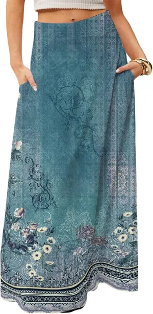2025 Summer Flowy Long Maxi Skirts for Women Boho Floral High Waisted Casual Pleated Beach A Line Skirt with Pocket