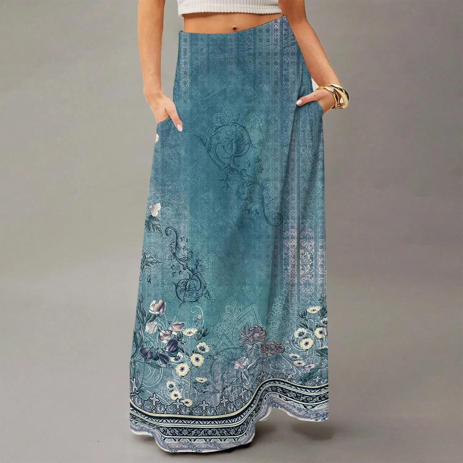 2025 Summer Flowy Long Maxi Skirts for Women Boho Floral High Waisted Casual Pleated Beach A Line Skirt with Pocket