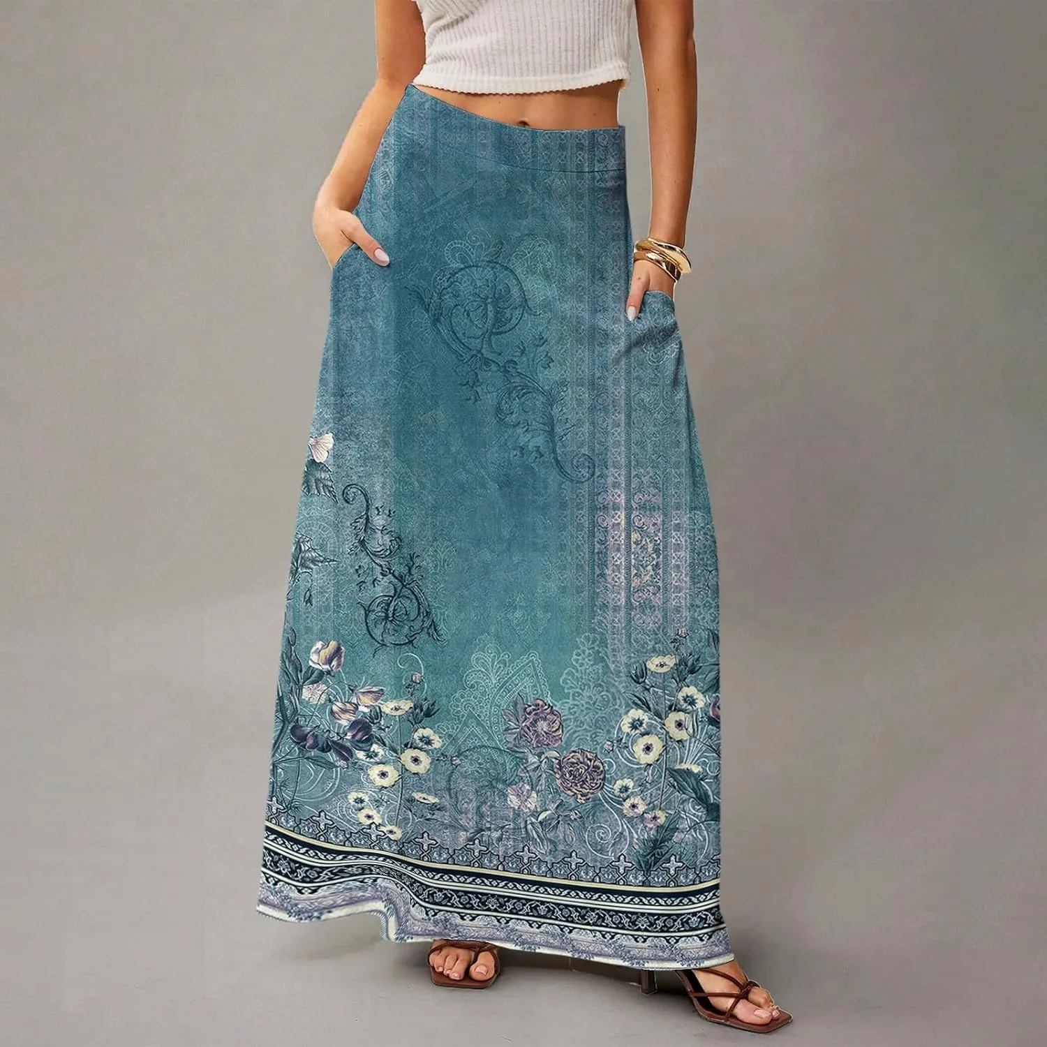 2025 Summer Flowy Long Maxi Skirts for Women Boho Floral High Waisted Casual Pleated Beach A Line Skirt with Pocket
