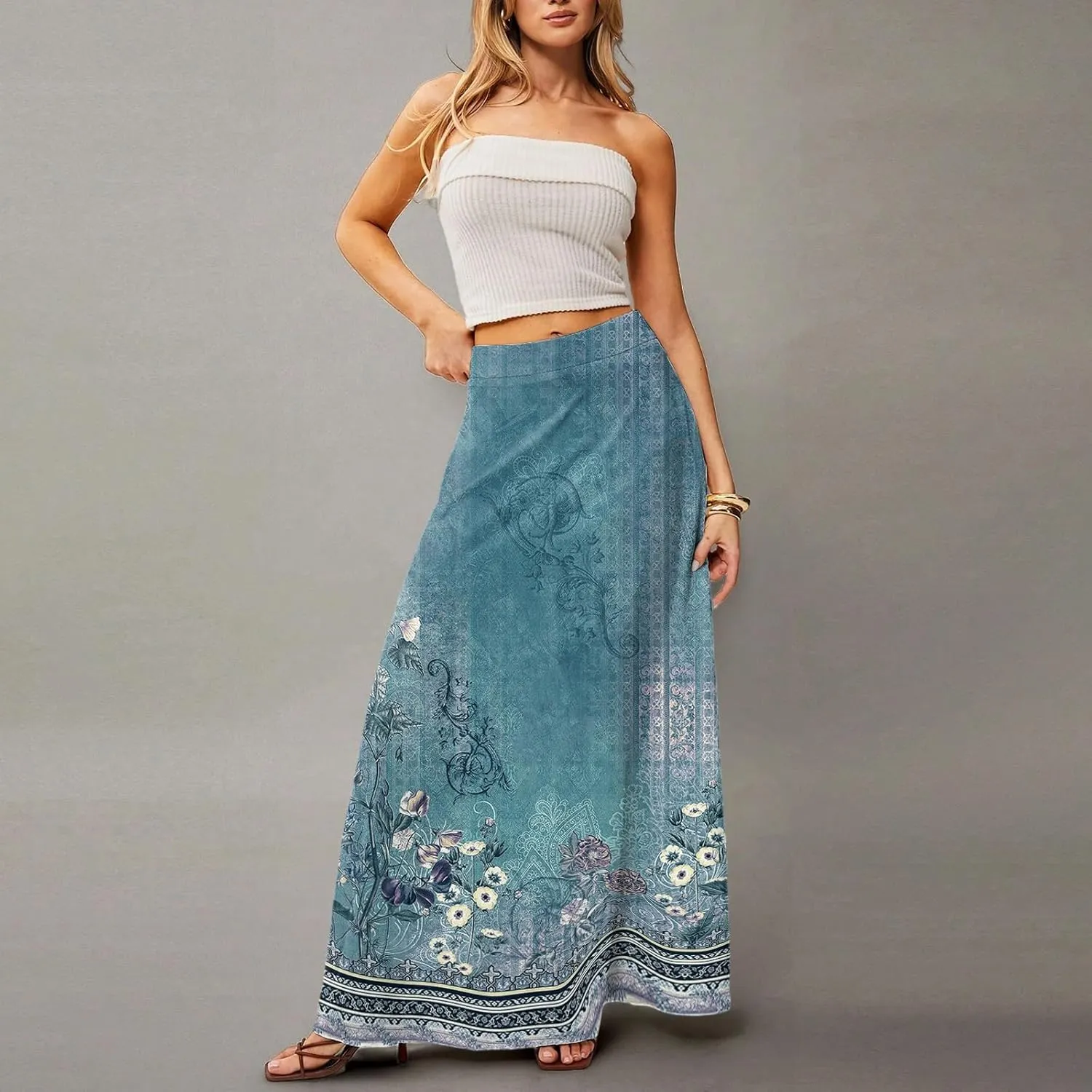 2025 Summer Flowy Long Maxi Skirts for Women Boho Floral High Waisted Casual Pleated Beach A Line Skirt with Pocket