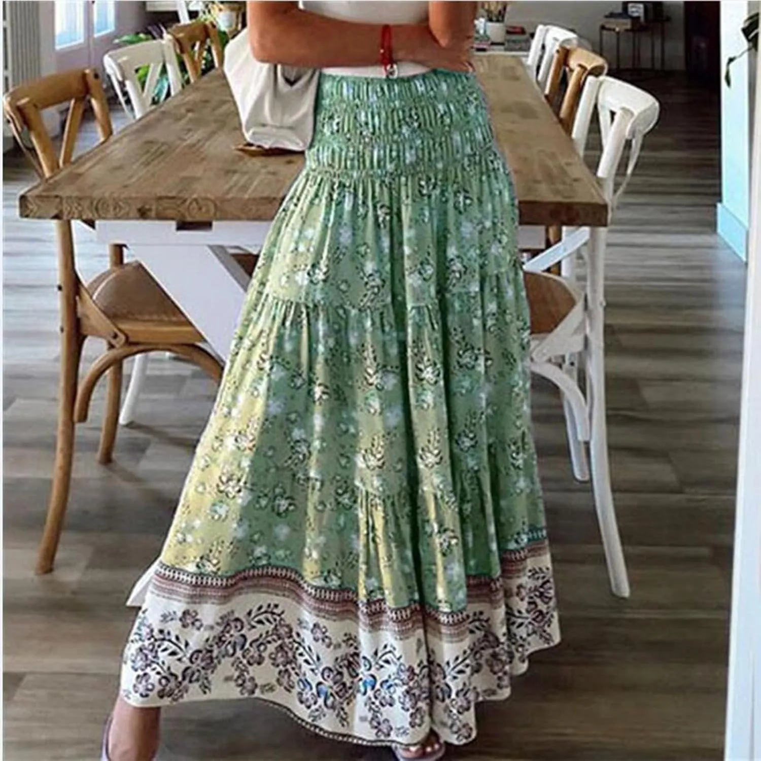A Line Maxi Dress for Women Summer Drawstring Elastic High Waisted Skirts Elegant 3-Layer Tiered Ruched Long Skirt