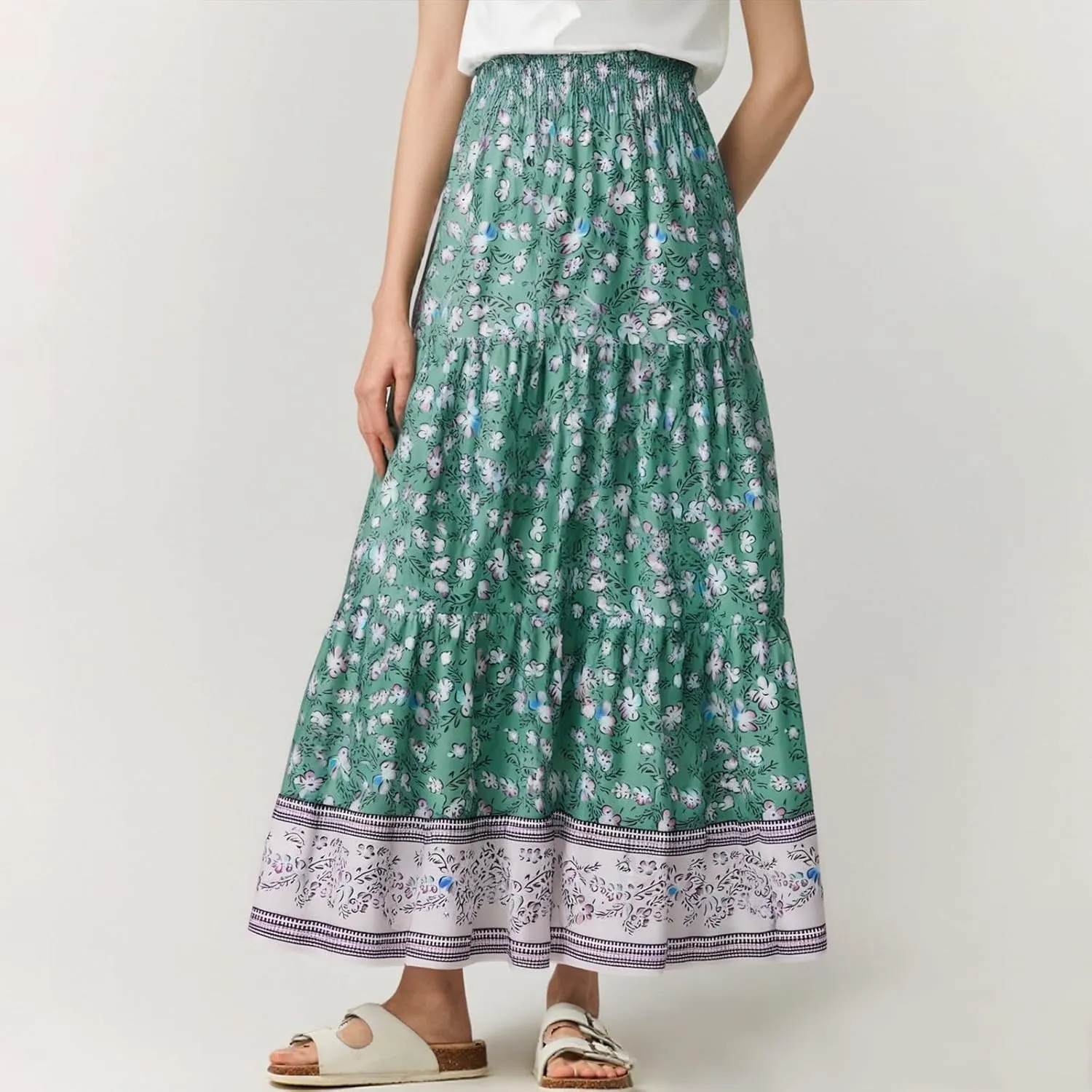 A Line Maxi Dress for Women Summer Drawstring Elastic High Waisted Skirts Elegant 3-Layer Tiered Ruched Long Skirt