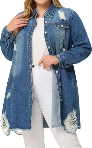 Agnes Orinda Jean Jacket for Women Plus Size Distressed Long Sleeve Oversized Denim Trucker Jackets