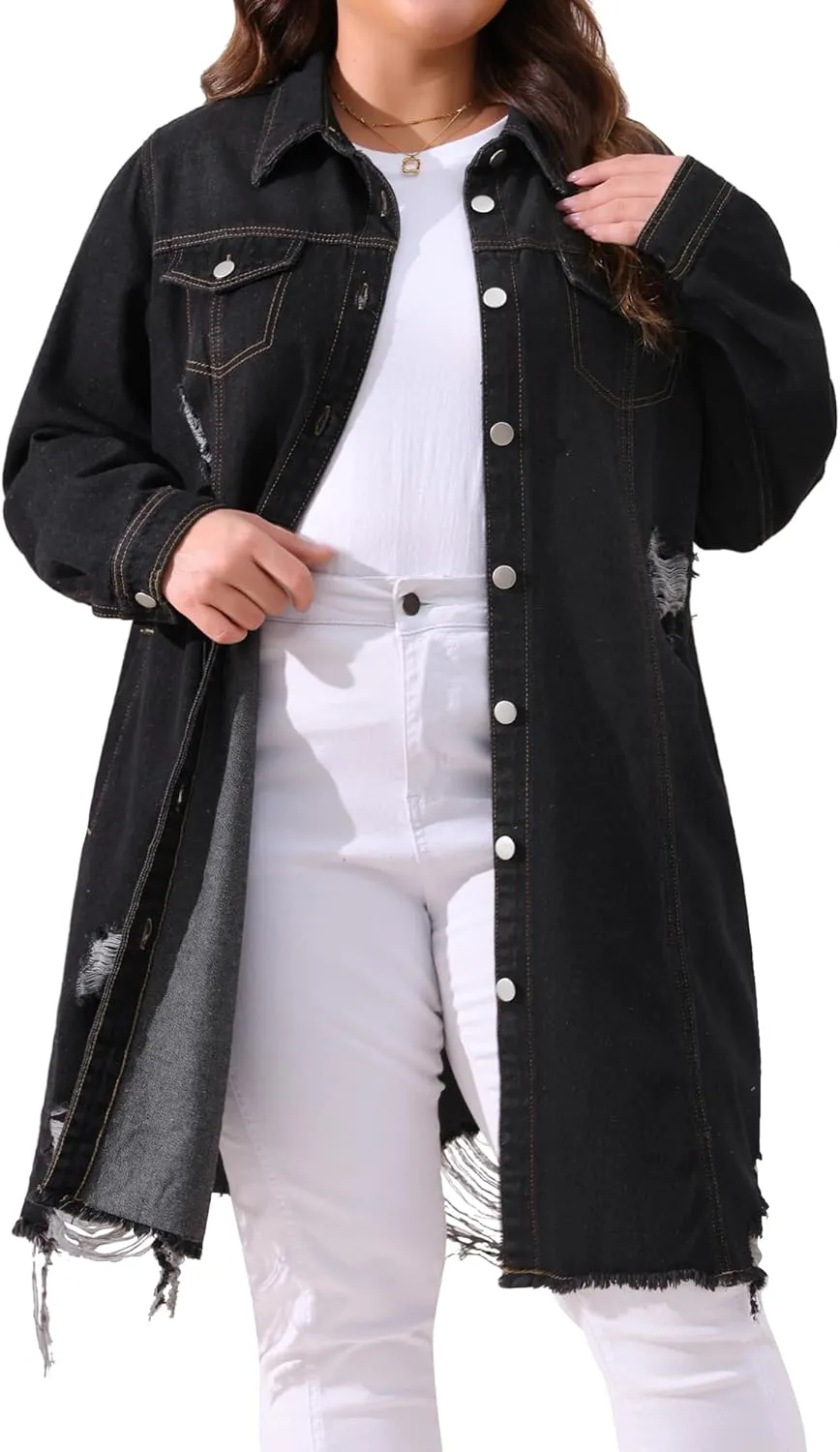 Agnes Orinda Jean Jacket for Women Plus Size Distressed Long Sleeve Oversized Denim Trucker Jackets