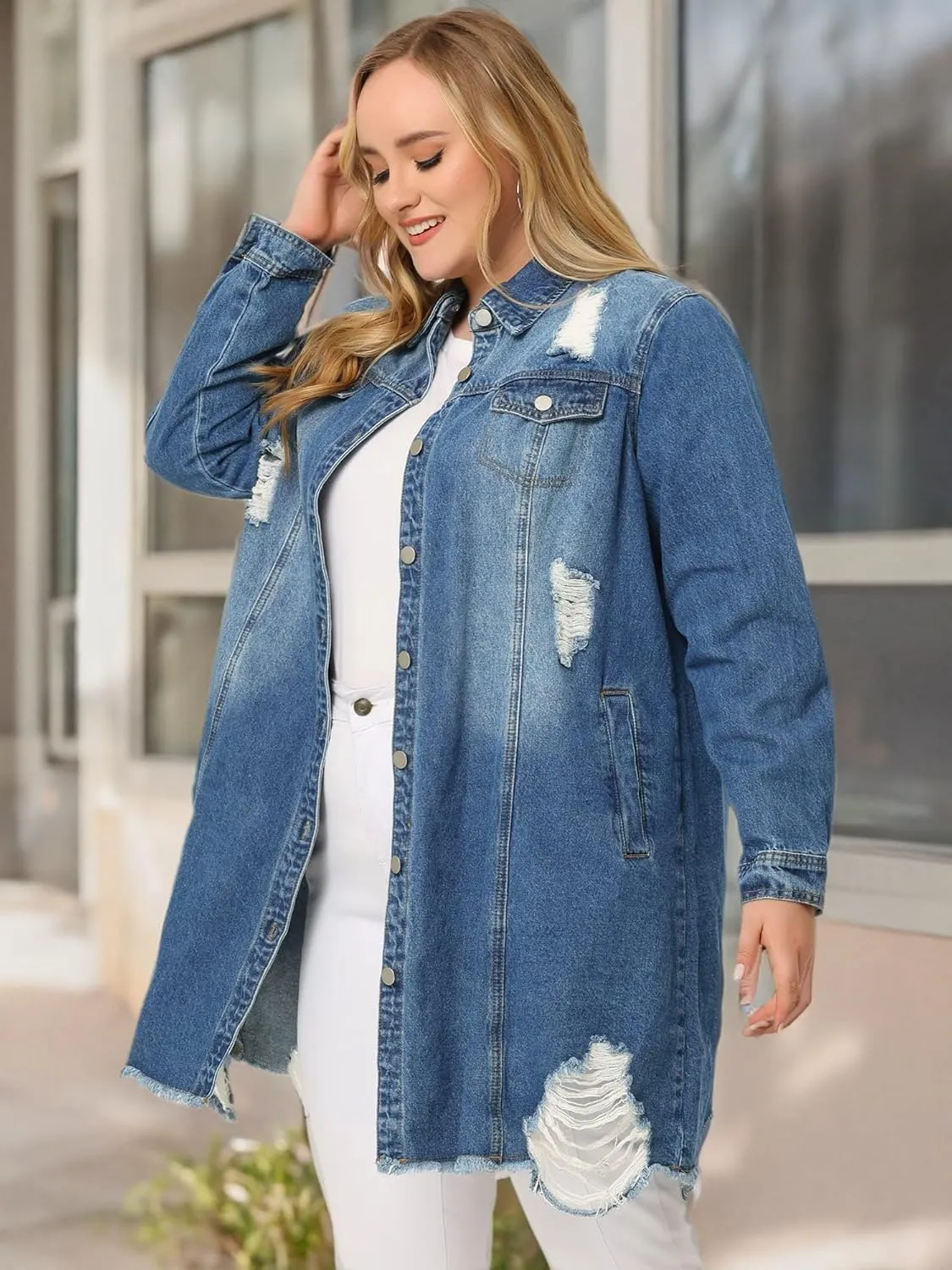 Agnes Orinda Jean Jacket for Women Plus Size Distressed Long Sleeve Oversized Denim Trucker Jackets
