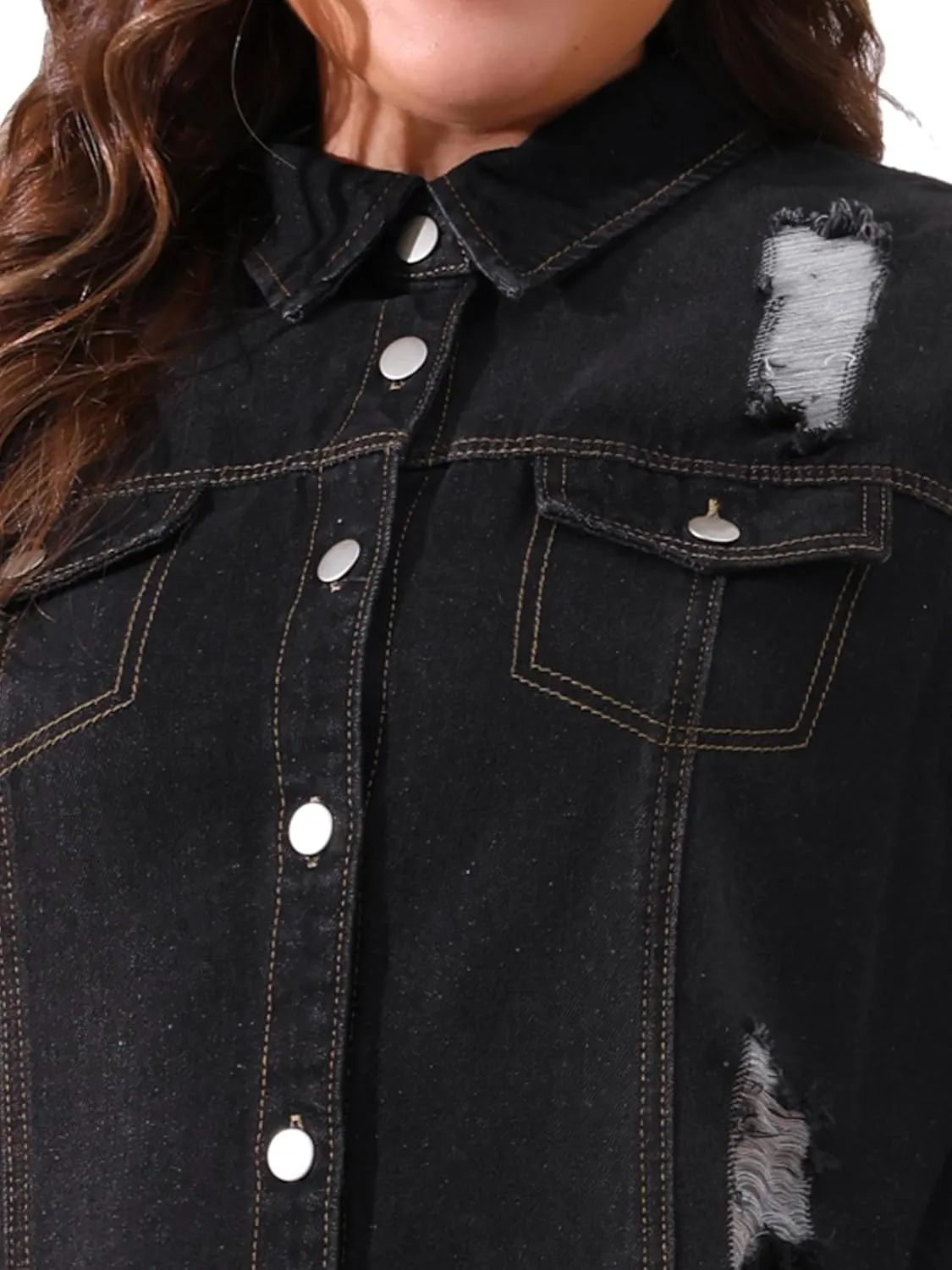 Agnes Orinda Jean Jacket for Women Plus Size Distressed Long Sleeve Oversized Denim Trucker Jackets