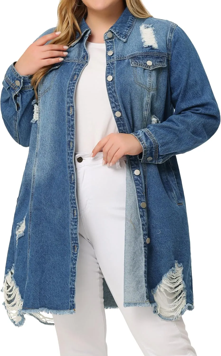 Agnes Orinda Jean Jacket for Women Plus Size Distressed Long Sleeve Oversized Denim Trucker Jackets