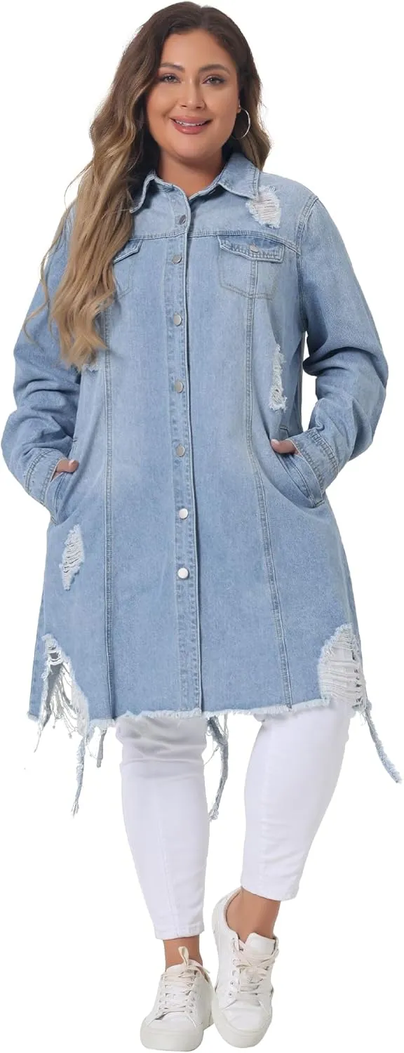 Agnes Orinda Jean Jacket for Women Plus Size Distressed Long Sleeve Oversized Denim Trucker Jackets