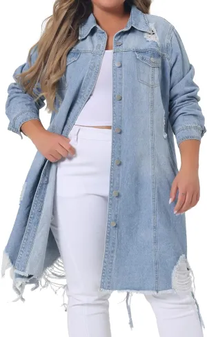 Agnes Orinda Jean Jacket for Women Plus Size Distressed Long Sleeve Oversized Denim Trucker Jackets