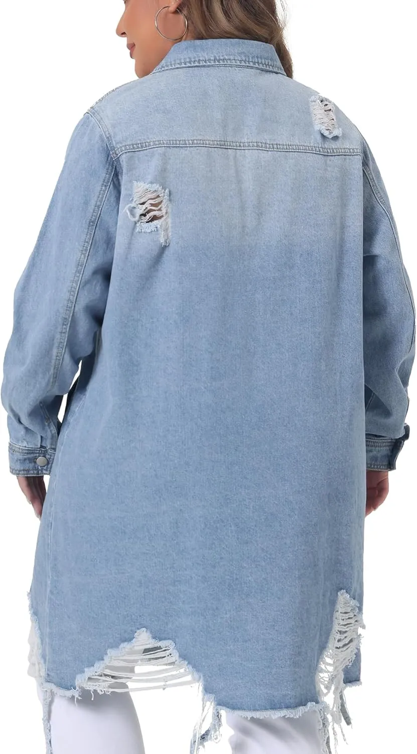 Agnes Orinda Jean Jacket for Women Plus Size Distressed Long Sleeve Oversized Denim Trucker Jackets