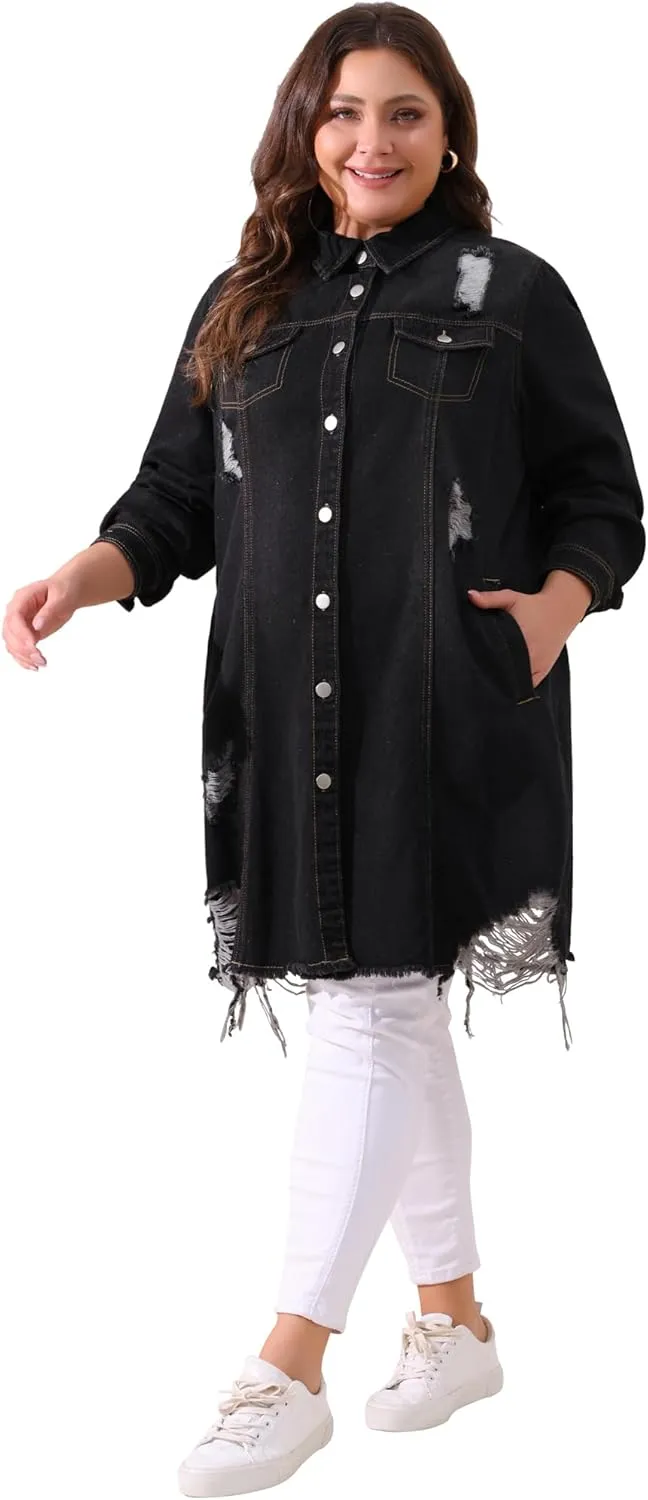 Agnes Orinda Jean Jacket for Women Plus Size Distressed Long Sleeve Oversized Denim Trucker Jackets