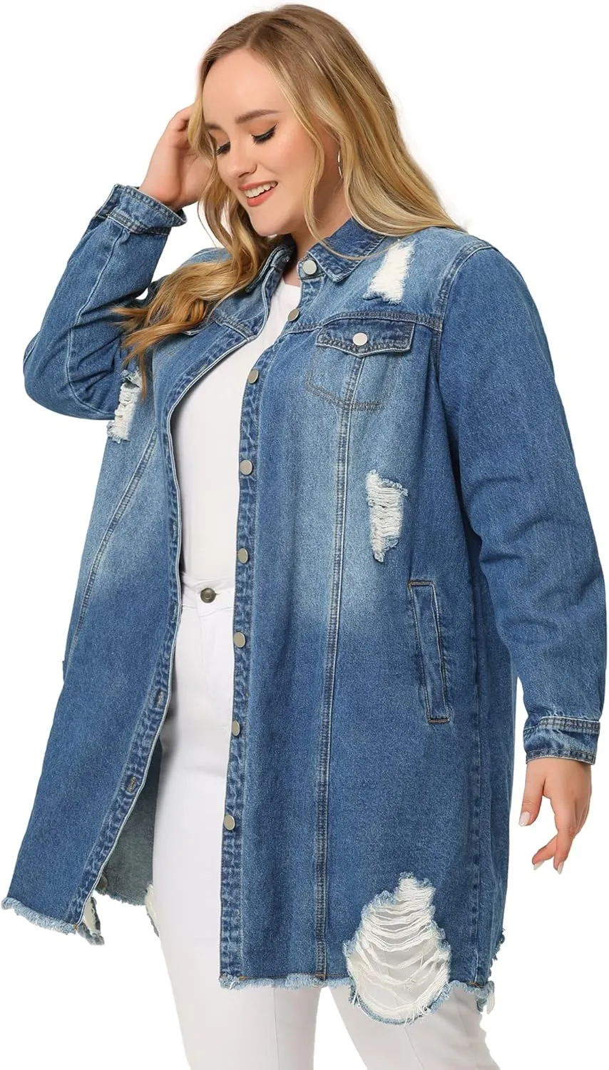 Agnes Orinda Jean Jacket for Women Plus Size Distressed Long Sleeve Oversized Denim Trucker Jackets
