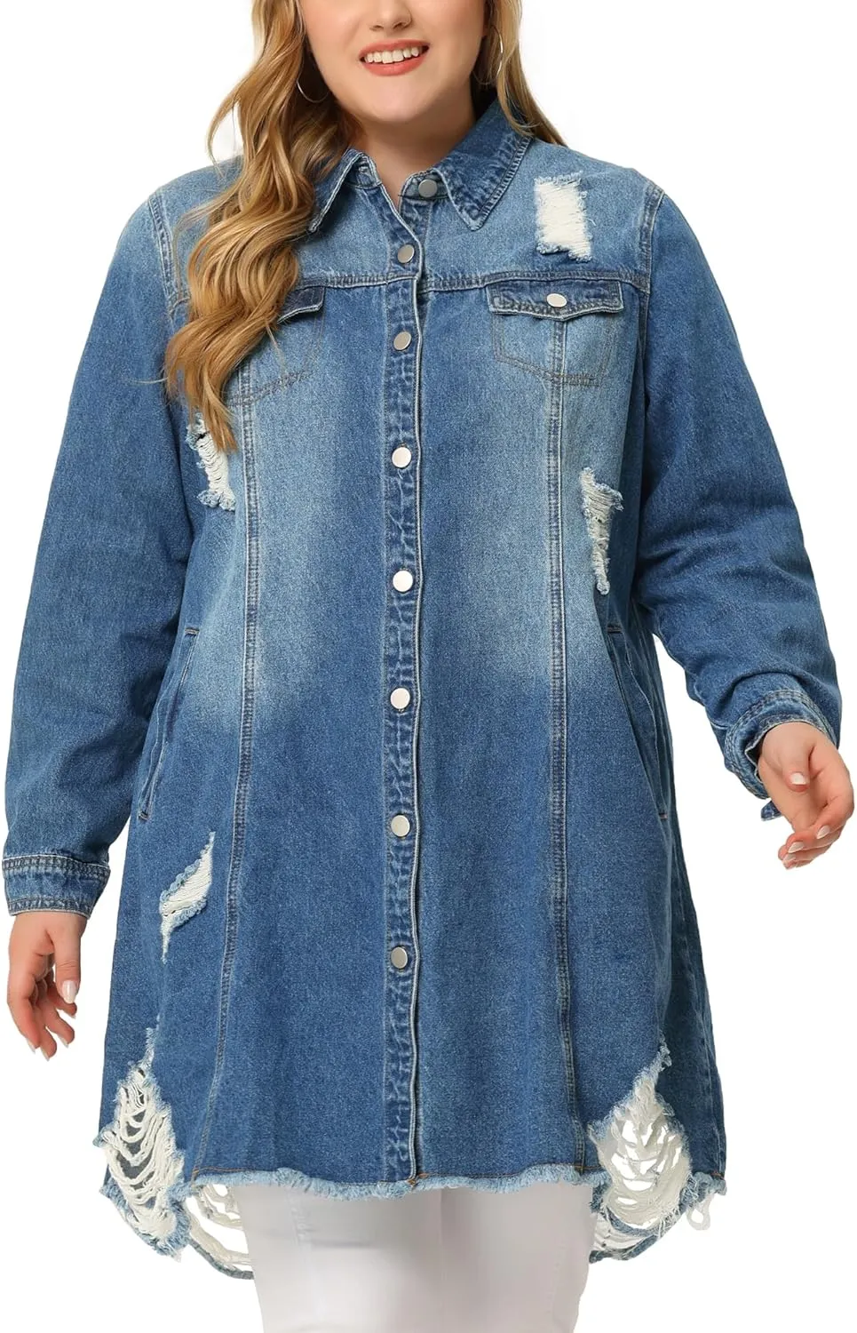Agnes Orinda Jean Jacket for Women Plus Size Distressed Long Sleeve Oversized Denim Trucker Jackets