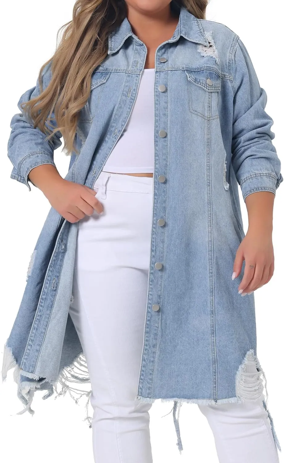 Agnes Orinda Jean Jacket for Women Plus Size Distressed Long Sleeve Oversized Denim Trucker Jackets