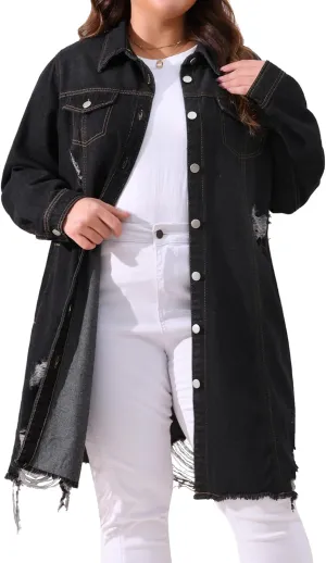 Agnes Orinda Jean Jacket for Women Plus Size Distressed Long Sleeve Oversized Denim Trucker Jackets