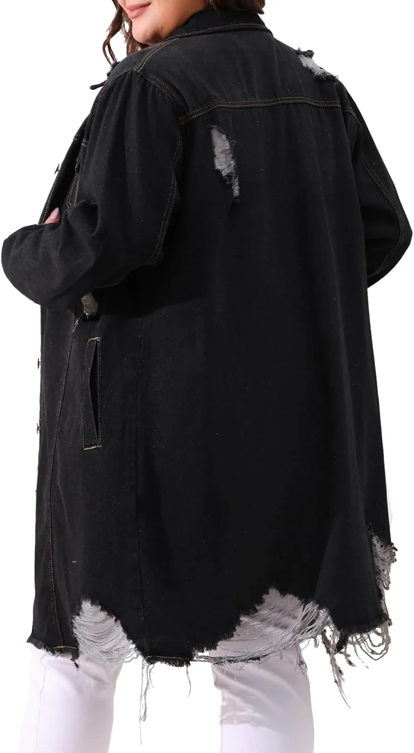 Agnes Orinda Jean Jacket for Women Plus Size Distressed Long Sleeve Oversized Denim Trucker Jackets