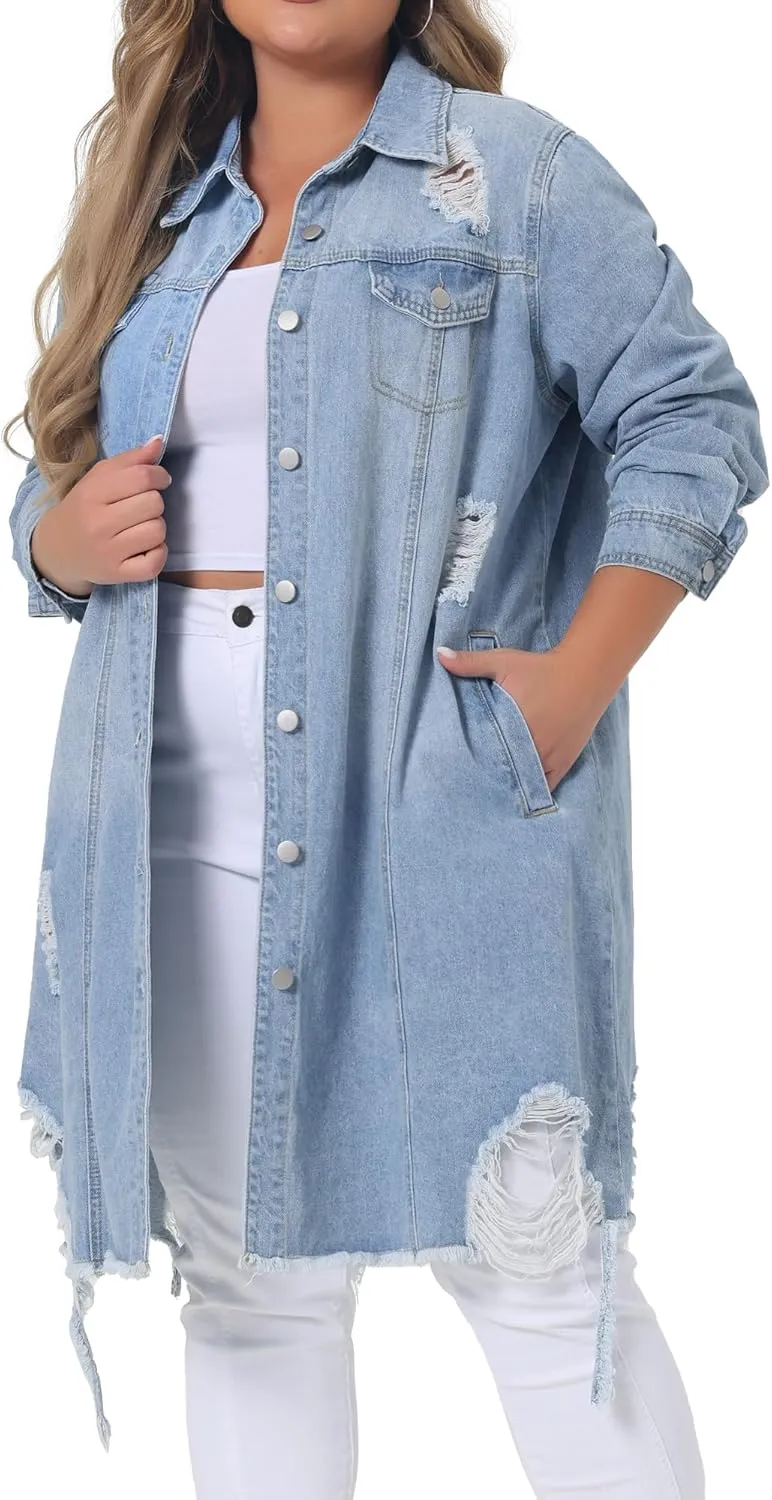 Agnes Orinda Jean Jacket for Women Plus Size Distressed Long Sleeve Oversized Denim Trucker Jackets