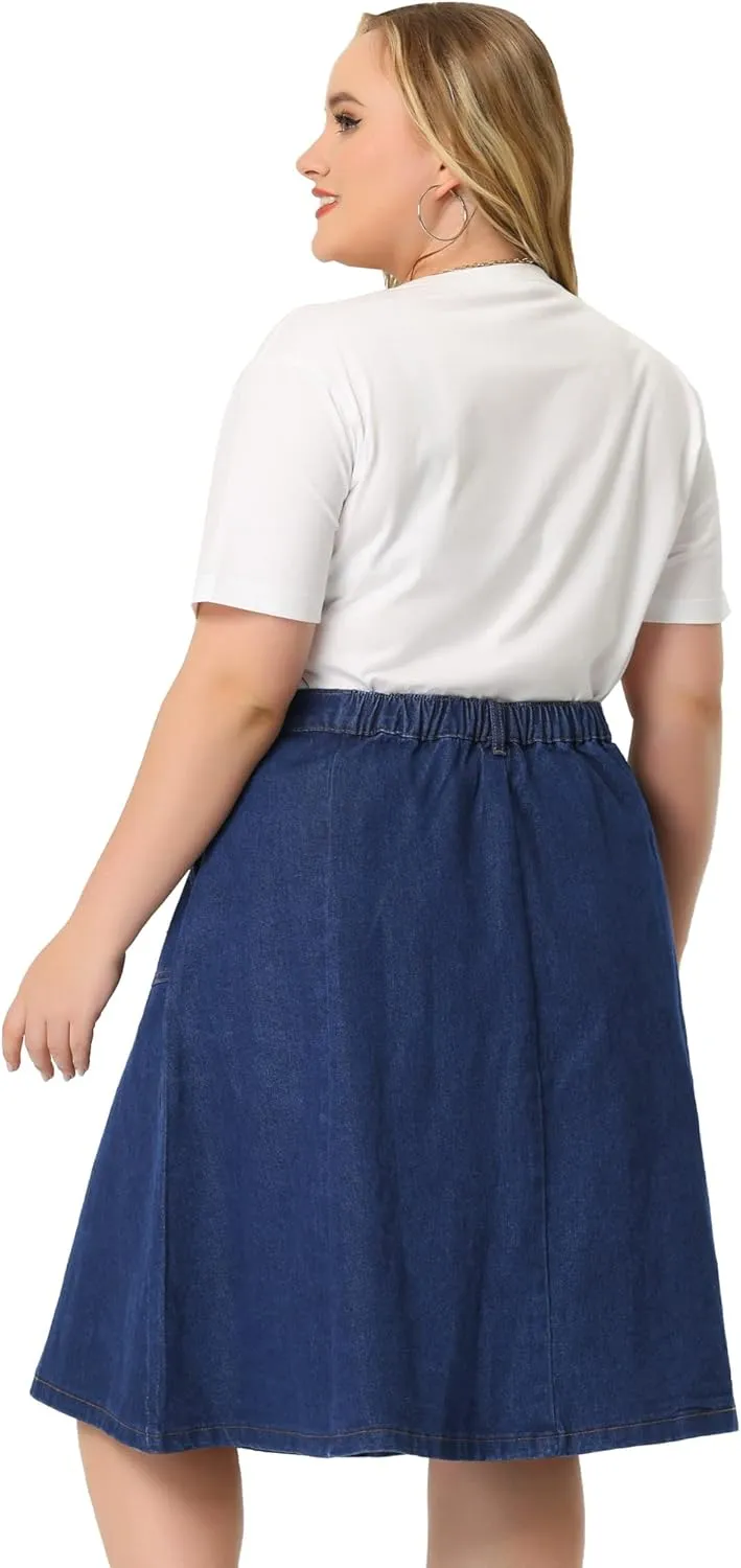 Agnes Orinda Plus Size Denim Skirt for Women Casual A Line Pockets Midi Skirts 2024