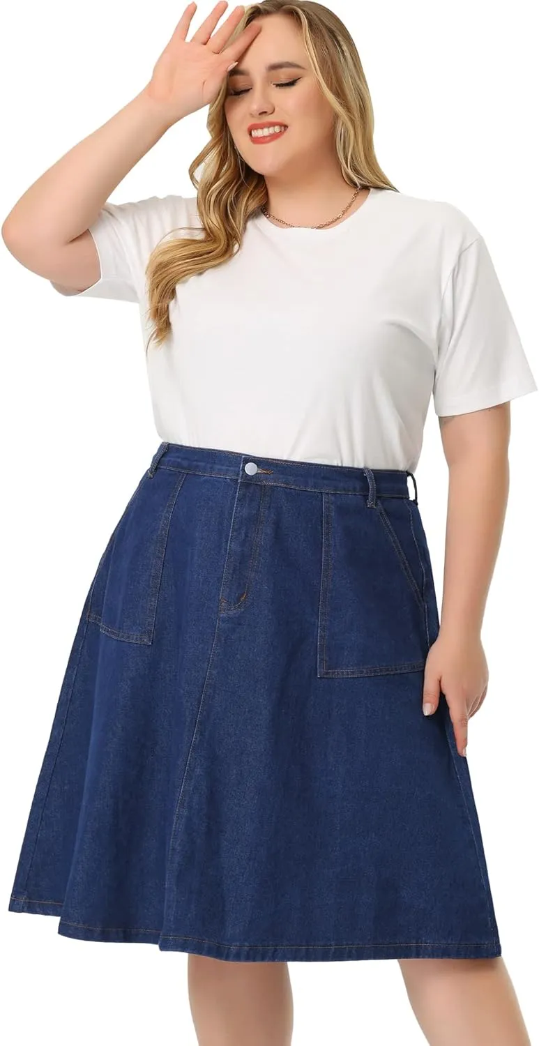 Agnes Orinda Plus Size Denim Skirt for Women Casual A Line Pockets Midi Skirts 2024