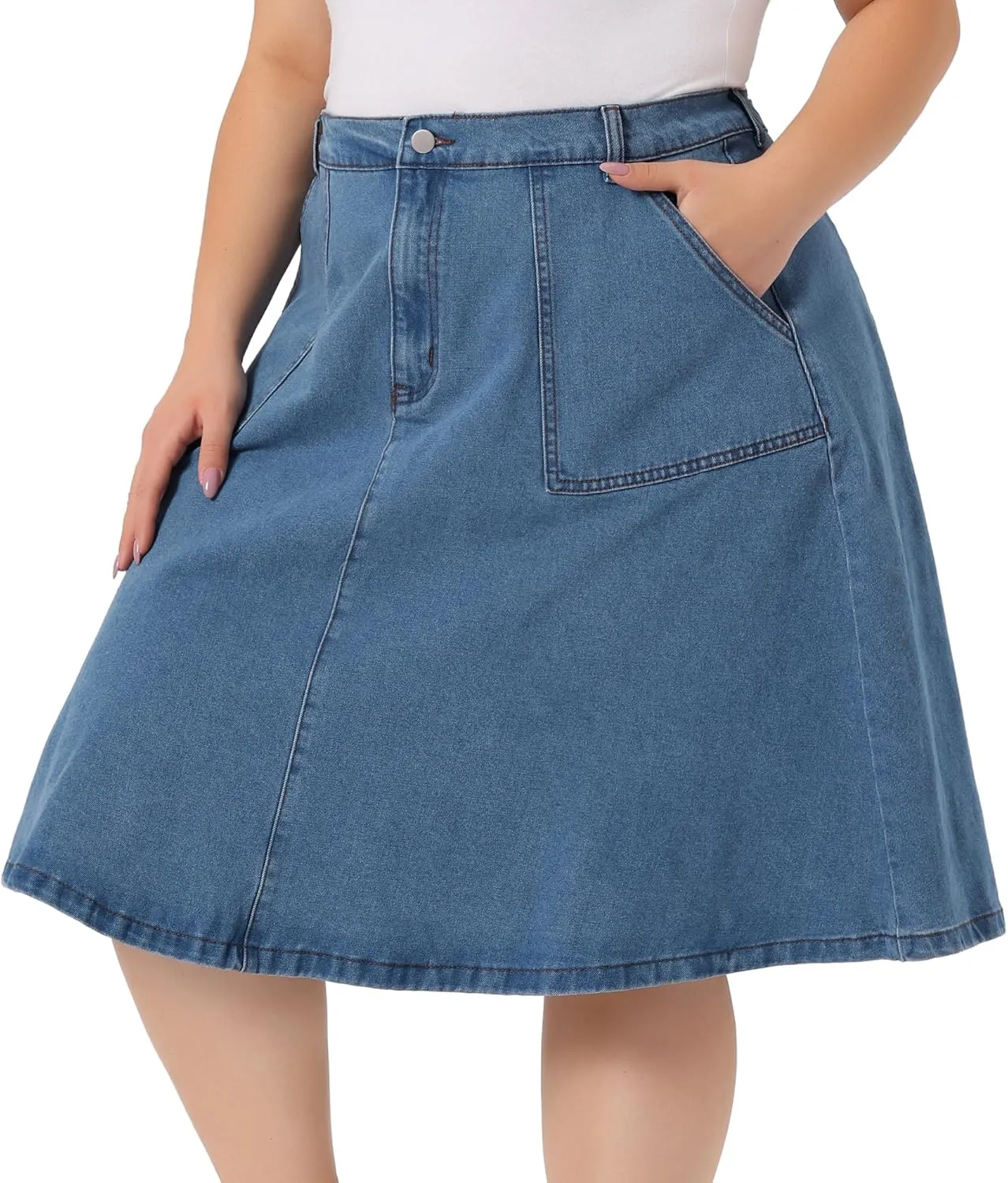 Agnes Orinda Plus Size Denim Skirt for Women Casual A Line Pockets Midi Skirts 2024