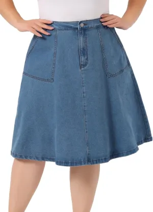 Agnes Orinda Plus Size Denim Skirt for Women Casual A Line Pockets Midi Skirts 2024