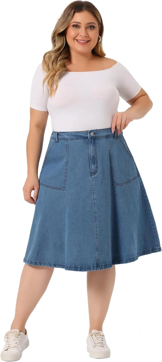 Agnes Orinda Plus Size Denim Skirt for Women Casual A Line Pockets Midi Skirts 2024