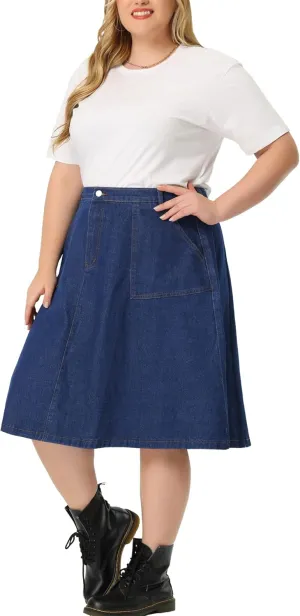 Agnes Orinda Plus Size Denim Skirt for Women Casual A Line Pockets Midi Skirts 2024