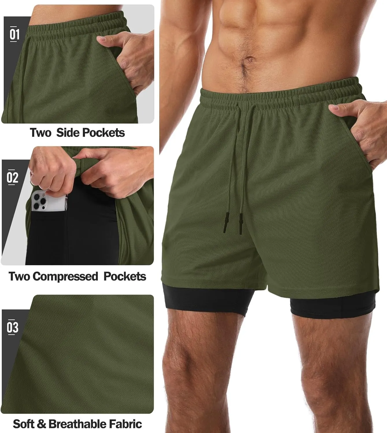 Aolesy Men's 2 in 1 Running Shorts Quick Dry Gym Shorts 5" Athletic Shorts Workout Shorts with Pockets