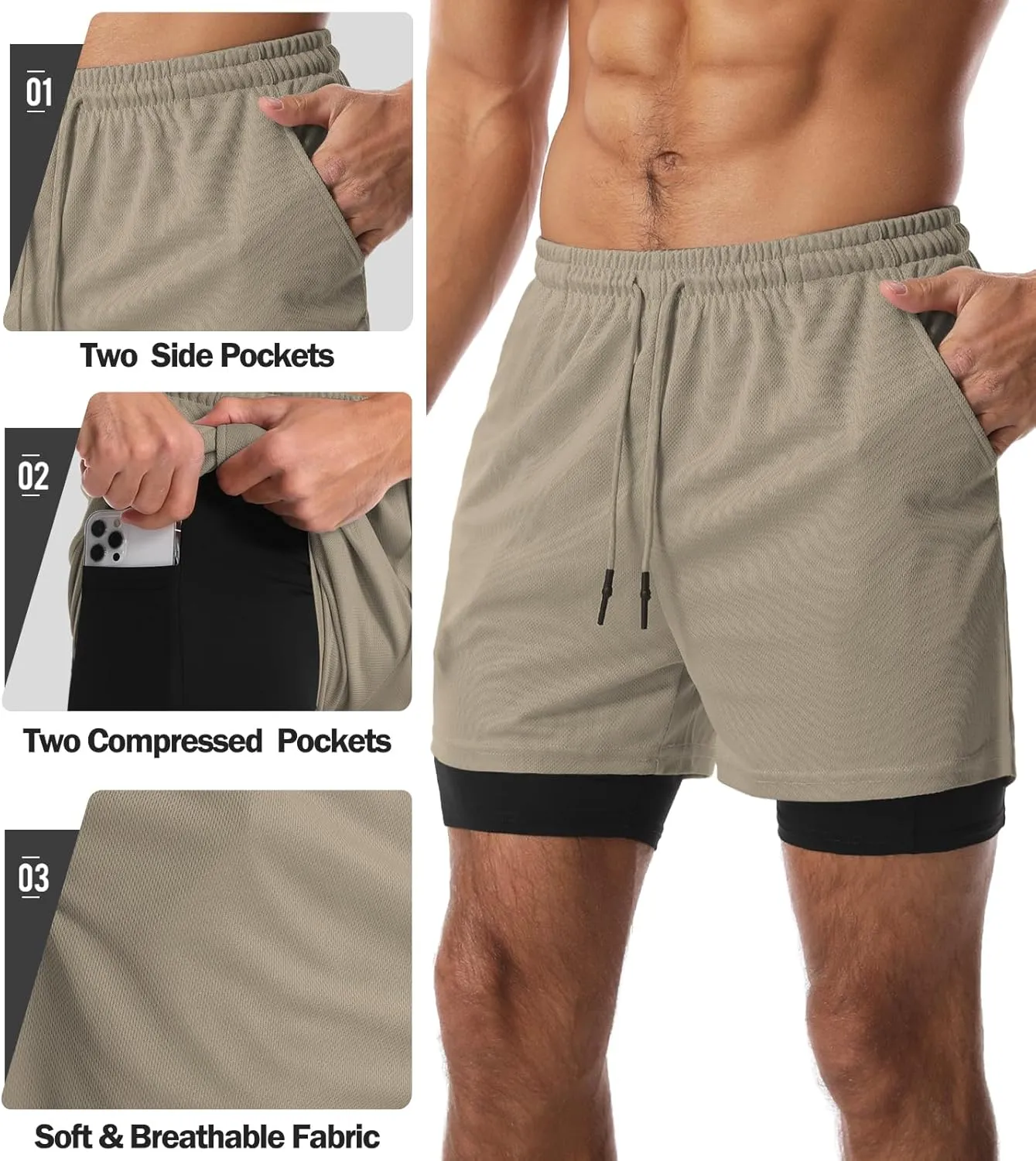 Aolesy Men's 2 in 1 Running Shorts Quick Dry Gym Shorts 5" Athletic Shorts Workout Shorts with Pockets