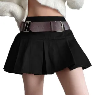 AULKEEP Womens College Style Mini Belt Skirts Swing A-Line Pleated Skirt Vintage Ruffle Short Brown Skirts
