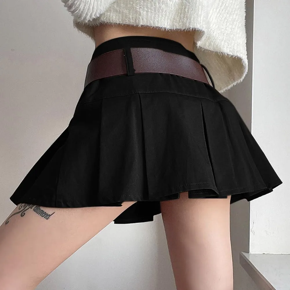 AULKEEP Womens College Style Mini Belt Skirts Swing A-Line Pleated Skirt Vintage Ruffle Short Brown Skirts