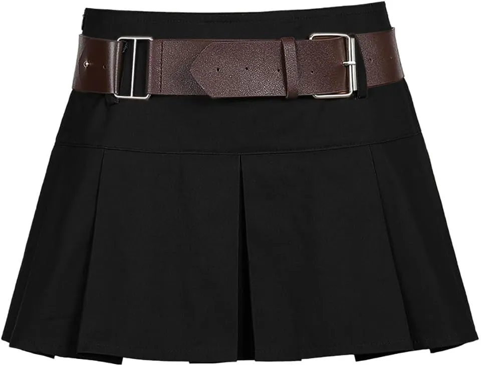 AULKEEP Womens College Style Mini Belt Skirts Swing A-Line Pleated Skirt Vintage Ruffle Short Brown Skirts