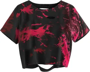 Avanova Women Distressed Loose Crop Top Oversized Short Sleeve Ripped Tee Shirt